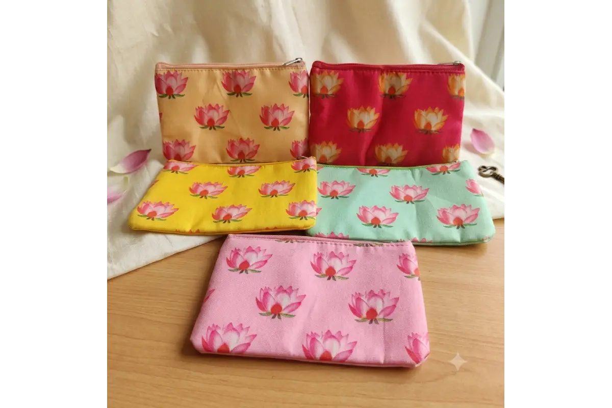 Assorted multi-colored Lotus print satin zipper purses for wedding and pooja return gifts - Puja Celebrations