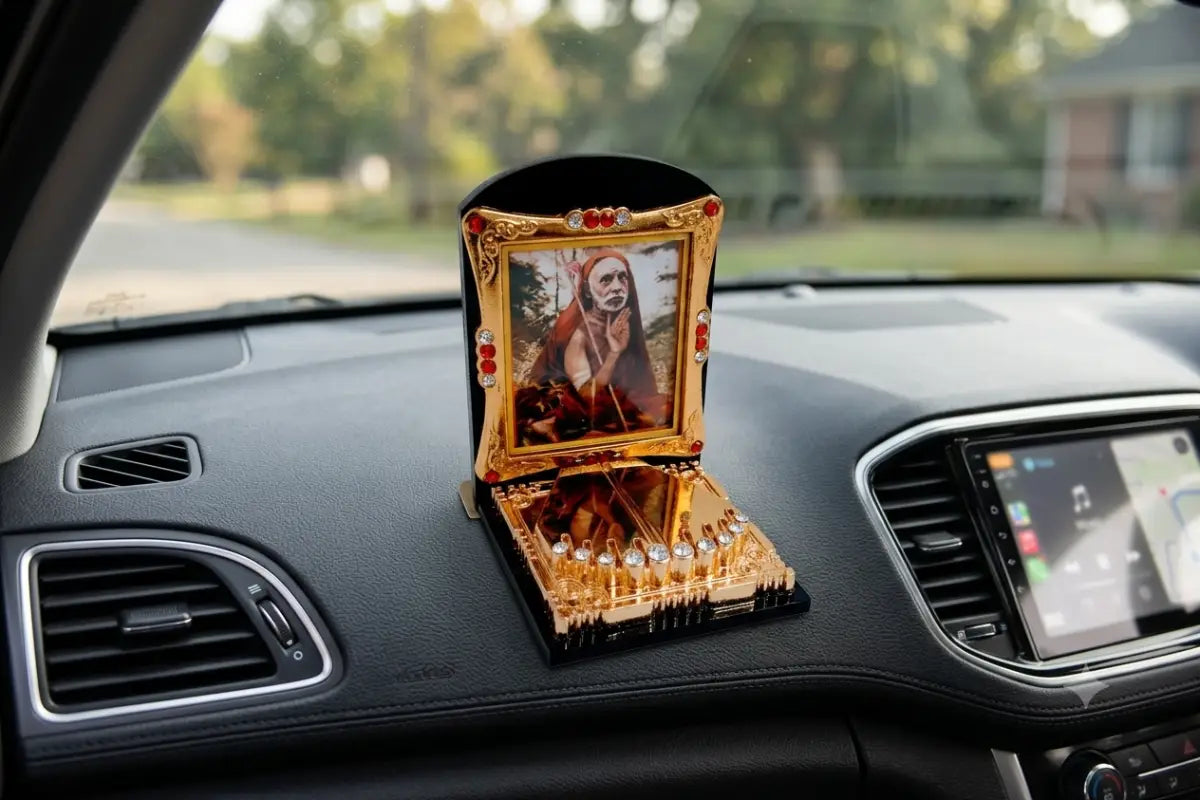 Sacred Maha Periyava Charan Paduka frame for car dashboard and spiritual return gifts - Puja Celebrations