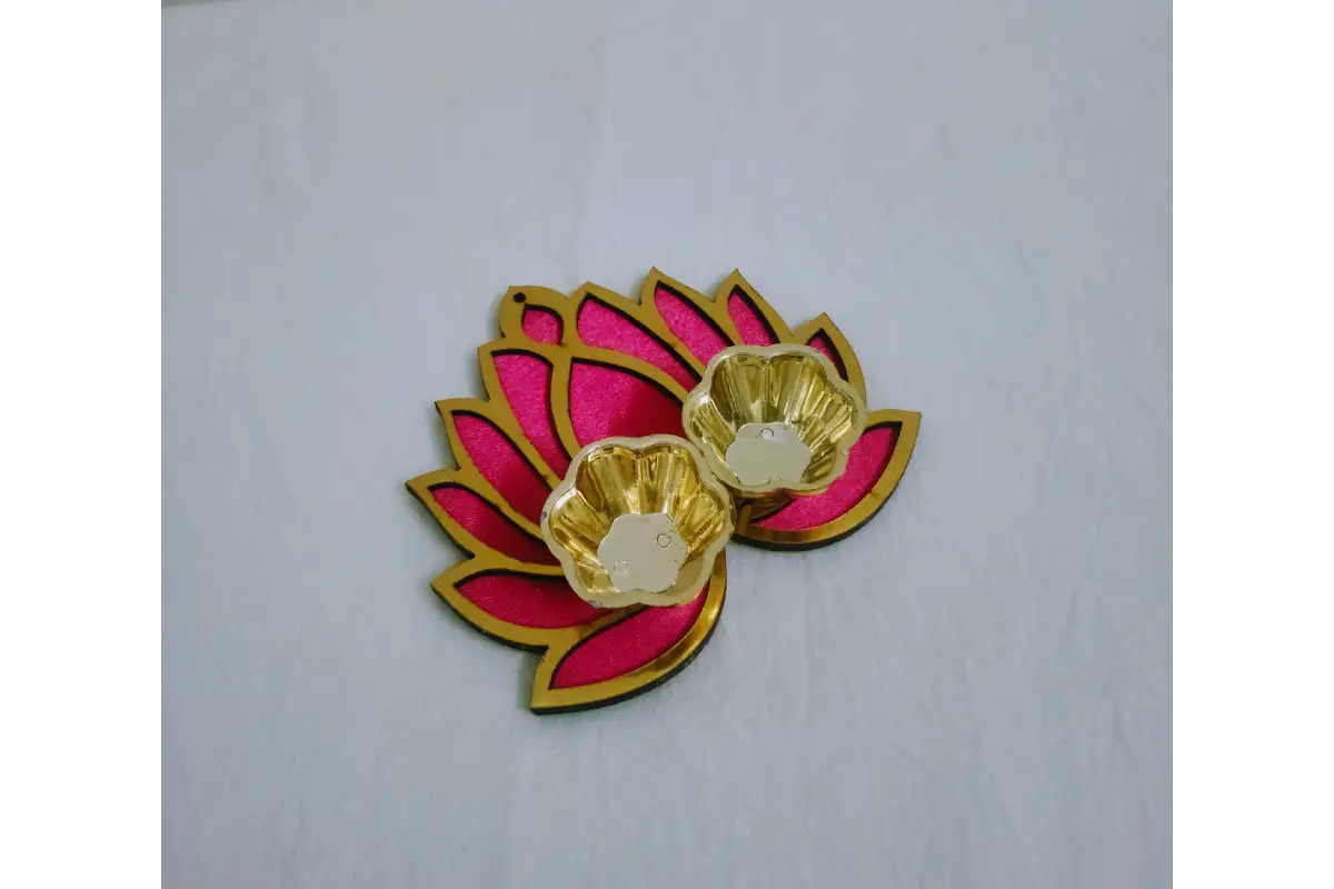 Decorative MDF lotus Haldi Kumkum platter with twin cups for wedding return gifts