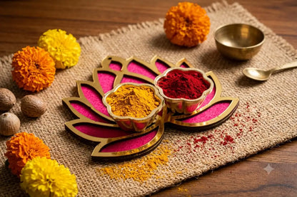 MDF lotus Haldi Kumkum platter held in hand showing compact size for return gifting