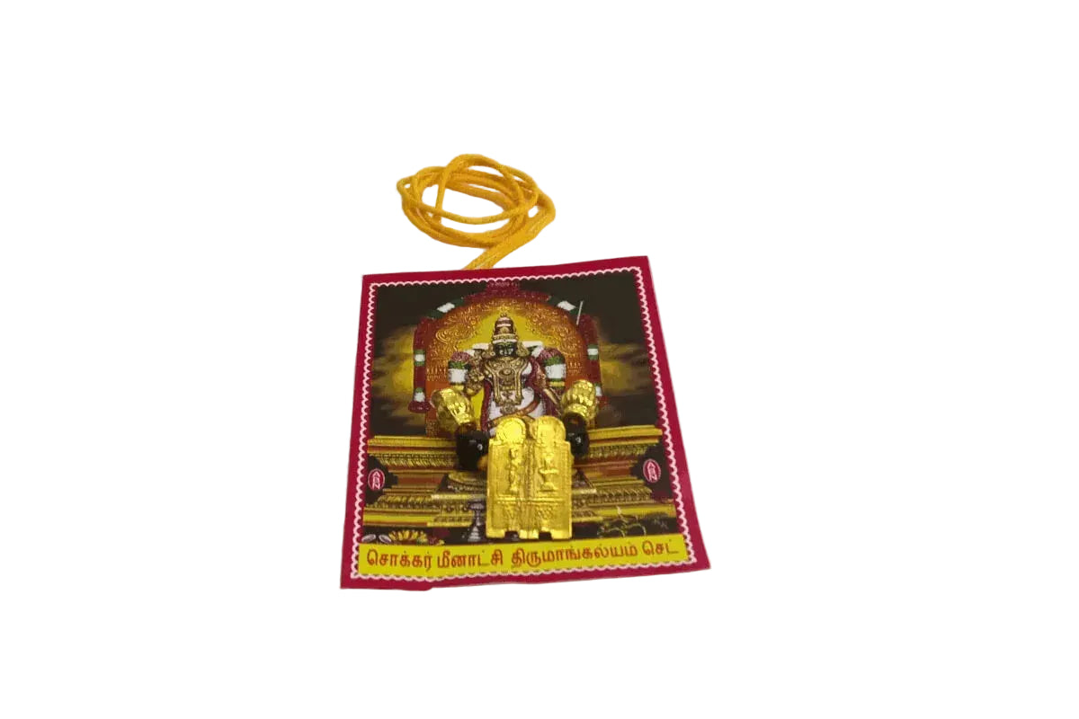 Traditional gold polish Meenakshi Thirumangalyam set with yellow thread for Amman idol alankaram - Puja Celebrations