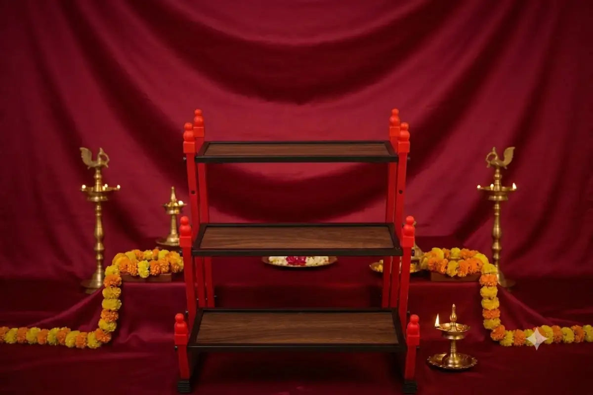 3-tier mini Golu padi stand for Navaratri tabletop doll display - Puja Celebrations