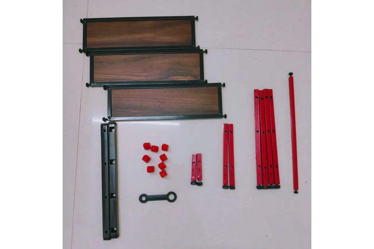 Close-up view of precision interlocking wooden joints on 3 step mini Golu stand