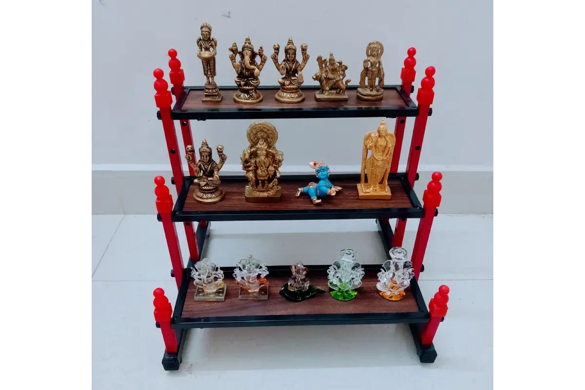 Close-up view of precision interlocking wooden joints on 3 step mini Golu stand