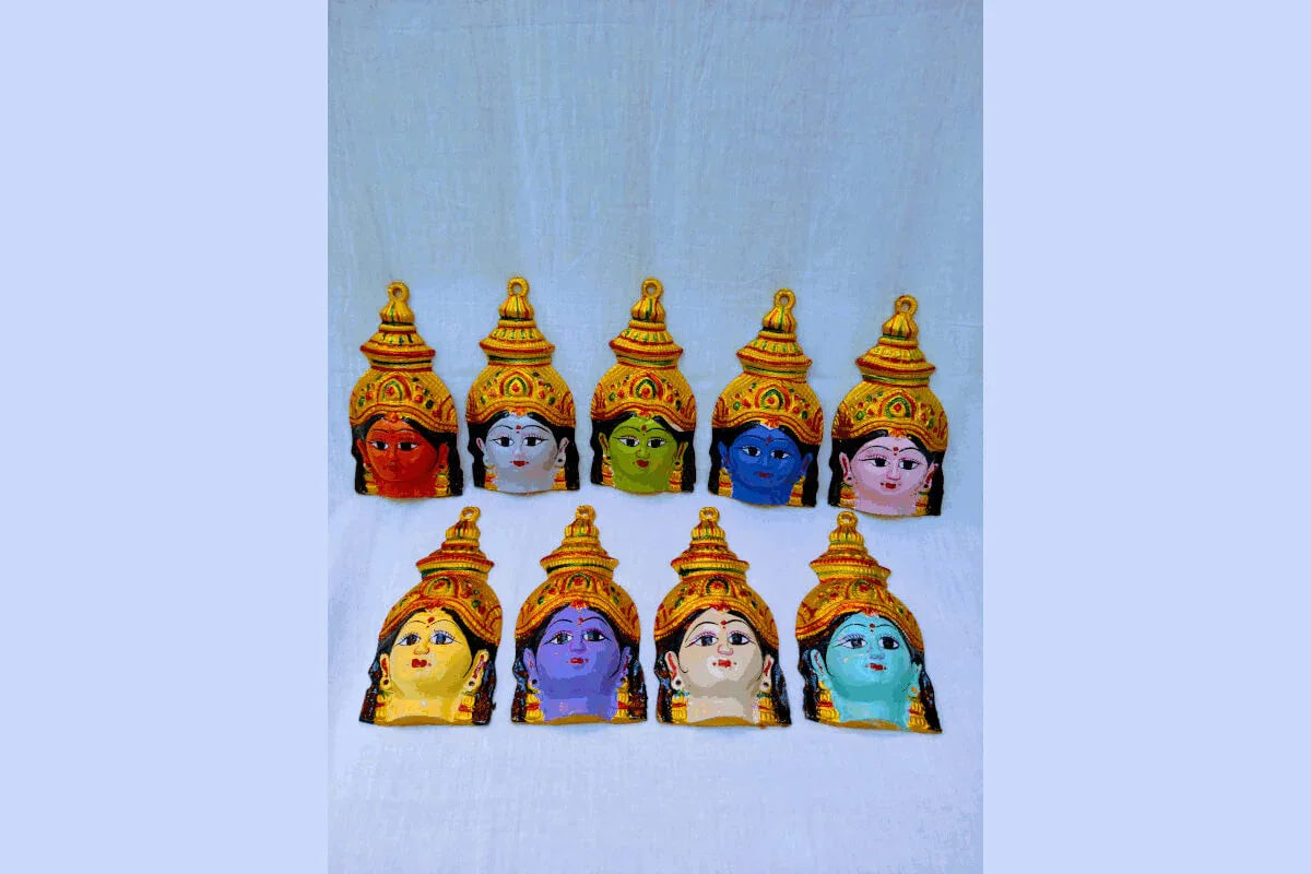 Traditional Durga Devi face mukhavata mounted on a sacred kalash setup for Navratri Ghatasthapana
