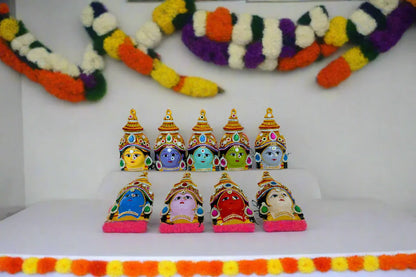 Complete handcrafted set of 9 decorated Navadurga Devi faces with stone and zardosi work for Navratri pooja
