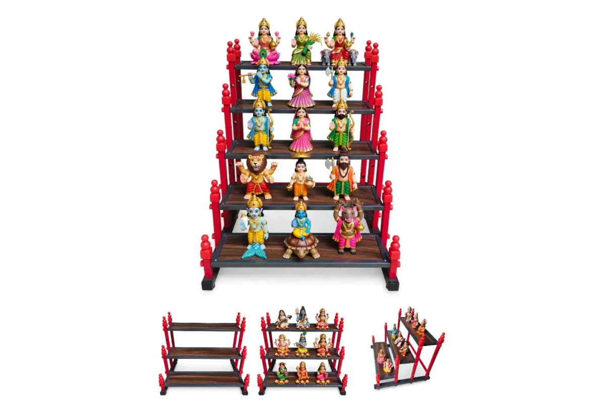 Traditional Navaratri Golu dolls arranged on collapsible steel Golu padi stand