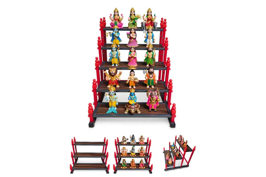 Traditional Navaratri Golu dolls arranged on collapsible steel Golu padi stand