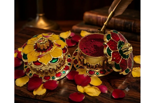 Set of 10 new Meenakari design Kumkum boxes arranged for wedding return gifts