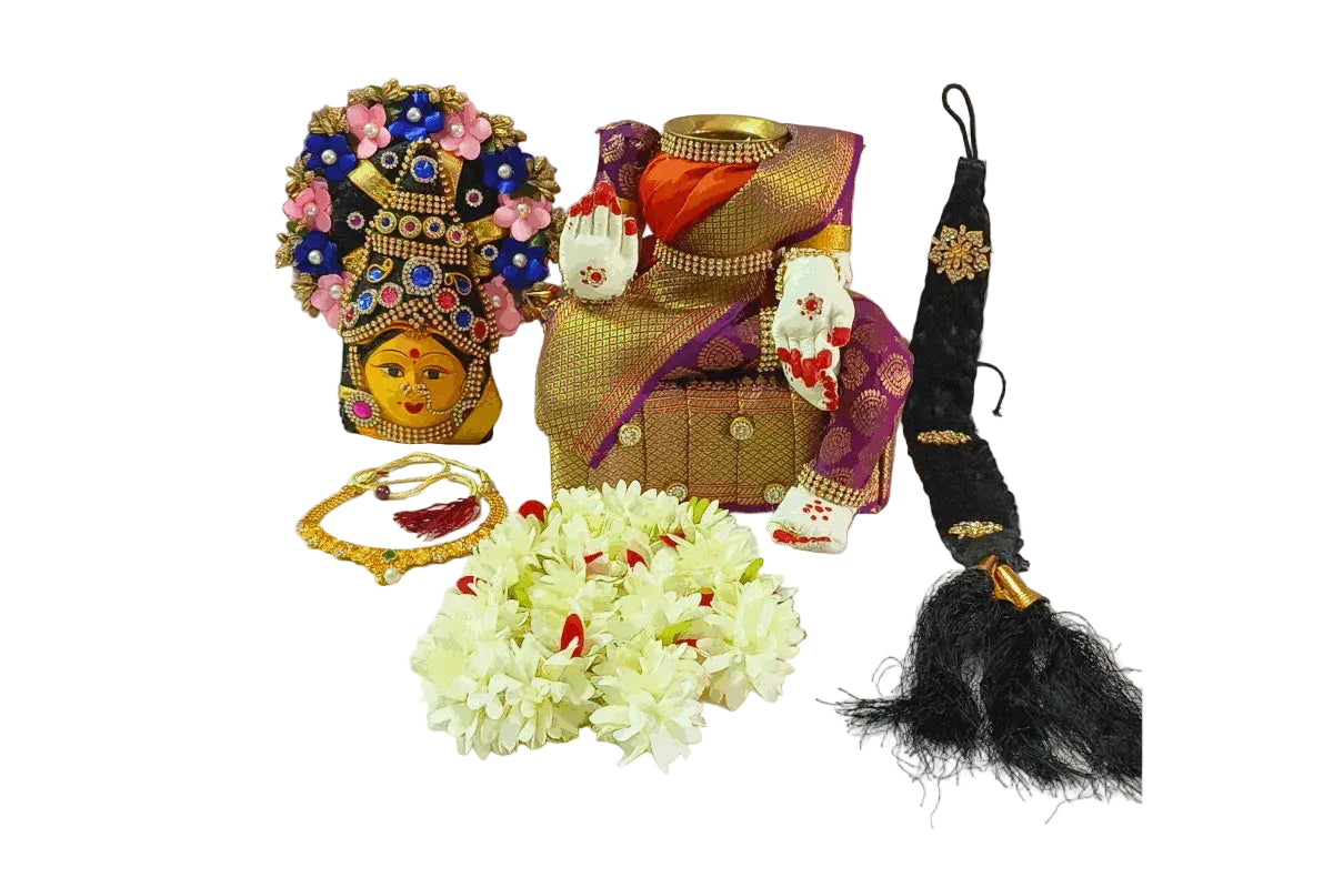 Fully assembled Varalakshmi Devi DIY set featuring green Pattu saree body stand and decorated Amman face- Puja Celebrations