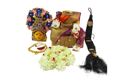 Fully assembled Varalakshmi Devi DIY set featuring green Pattu saree body stand and decorated Amman face- Puja Celebrations