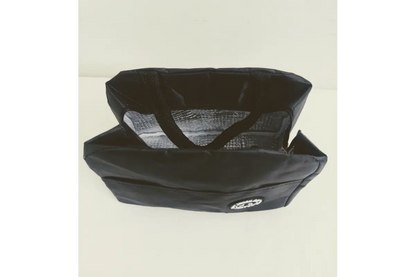 Open top view of insulated lunch bag holding meal container and water bottle