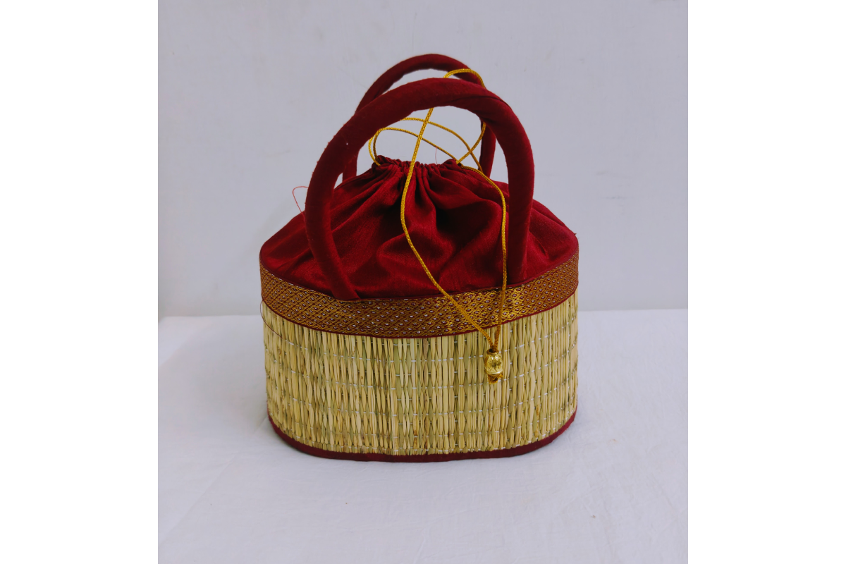 Open top view of Korai dry grass potli bag showing soft interior fabric lining