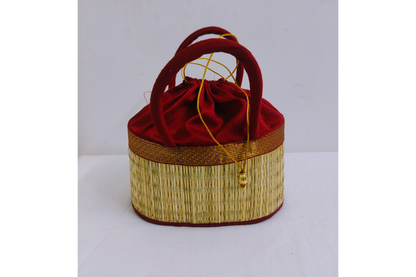 Open top view of Korai dry grass potli bag showing soft interior fabric lining