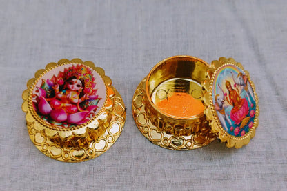 Open Lakshmi kumkum box showing inner container for Haldi and Kumkum storage