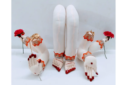Stuffed cloth Ammavaru hands and feet set with orange lace trim for Varalakshmi Pooja