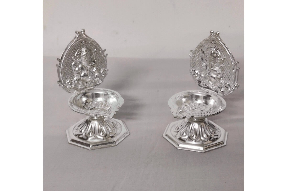 White Metal Ganesh Diya Pair