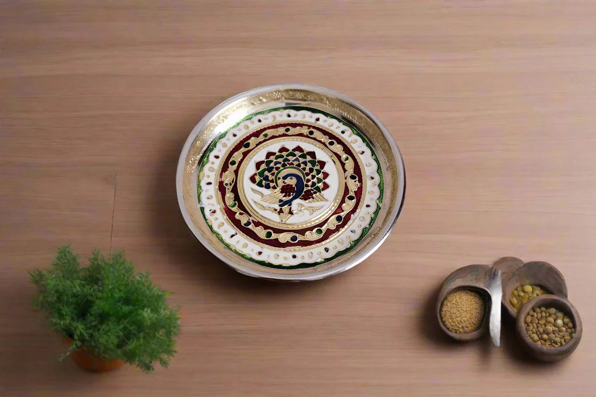 Decorative peacock Meenakari stainless steel plate for pooja room return gifts - Puja Celebrations