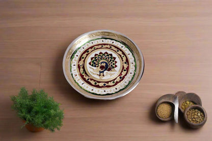 Decorative peacock Meenakari stainless steel plate for pooja room return gifts - Puja Celebrations
