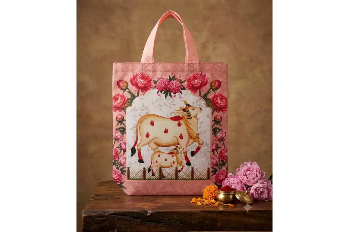 Traditional Pichwai print Thamboolam bag with sacred cow and lotus motifs for wedding return gifts