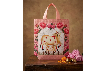 Traditional Pichwai print Thamboolam bag with sacred cow and lotus motifs for wedding return gifts