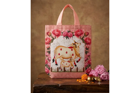Traditional Pichwai print Thamboolam bag with sacred cow and lotus motifs for wedding return gifts