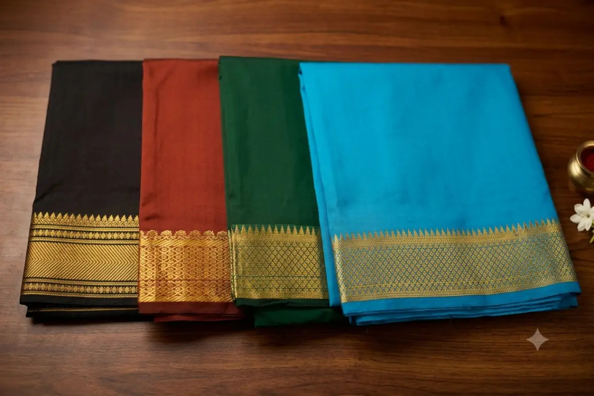 Folded polycotton blouse piece with traditional border for wedding and pooja return gifts