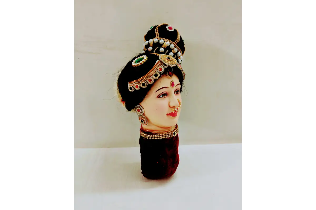 Decorative head with traditional jewelry on a white background