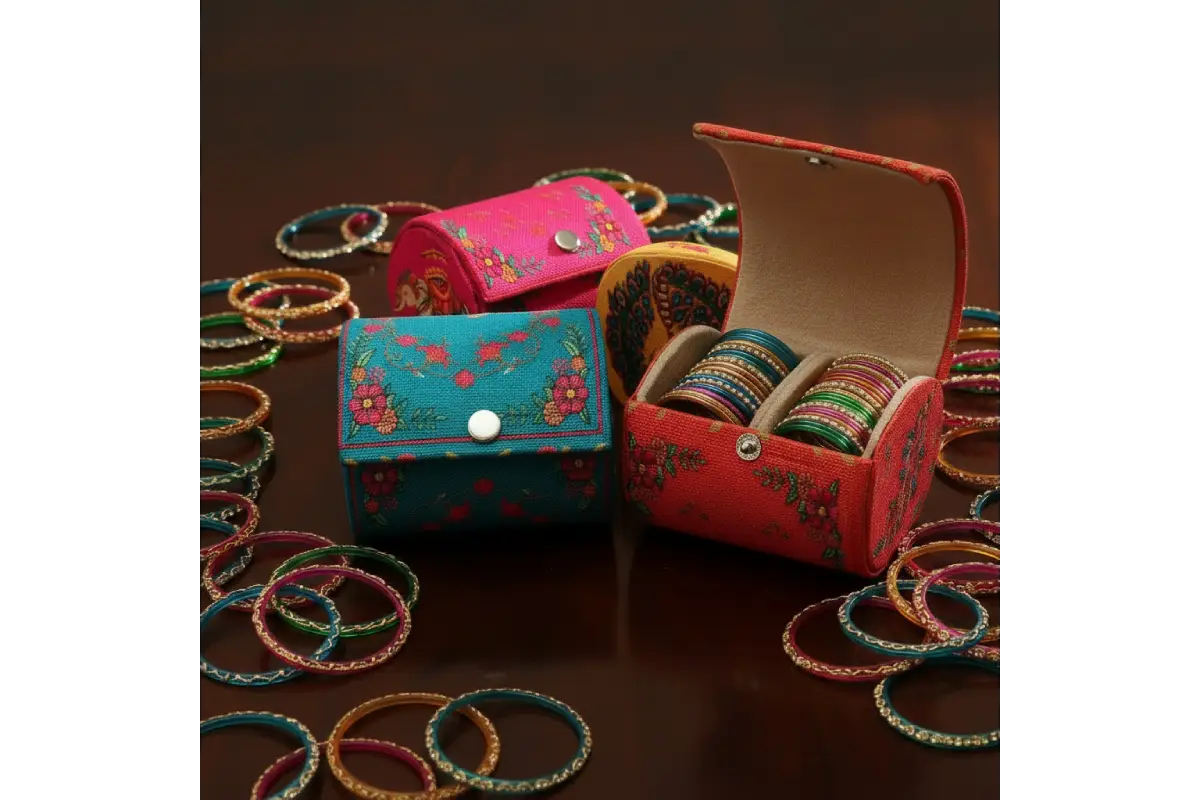 Traditional printed fabric bangle box organizer for wedding and festival return gifts - Puja Celebrations