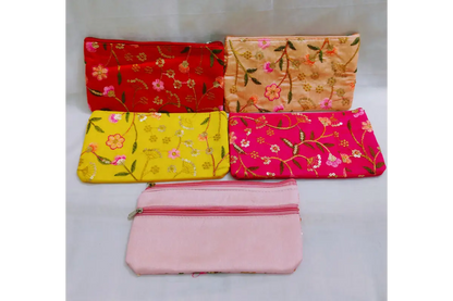 Open printed embroidery purse showing durable zipper closure and fabric inner lining
