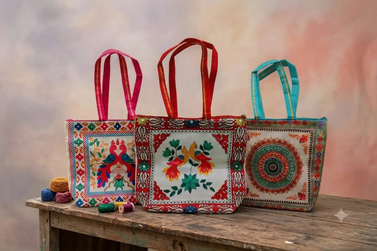 Eco-friendly printed jute handbag with traditional ethnic motifs for return gifts by Puja Celebrations