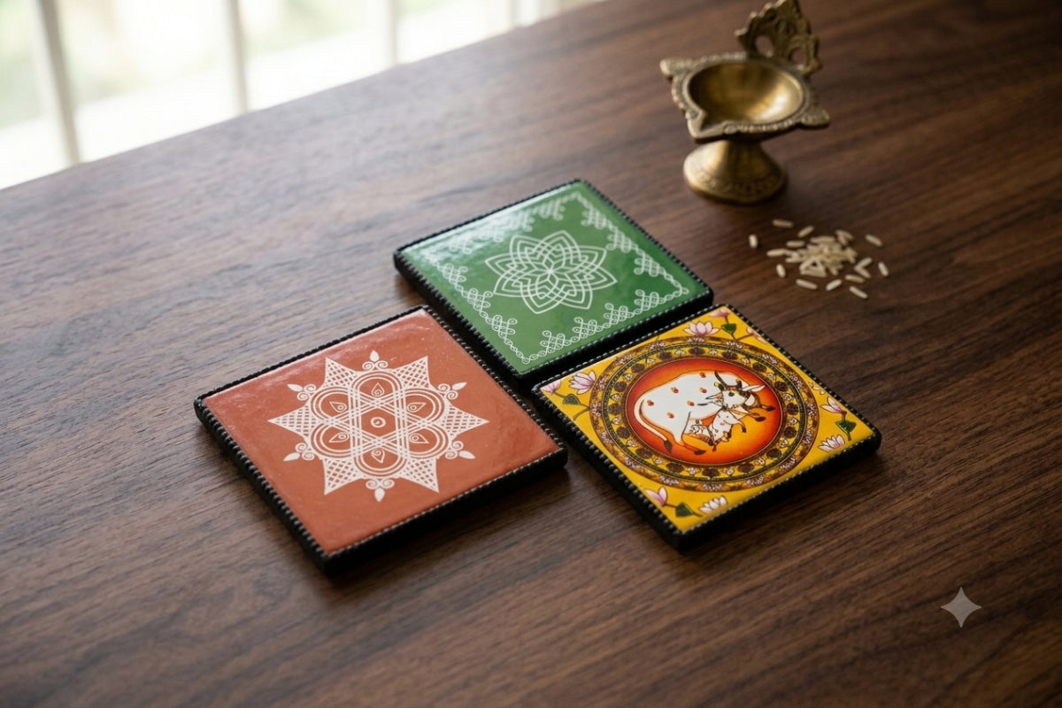 Close-up view of vibrant traditional Kolam print and glossy lacquer coating on wooden manai