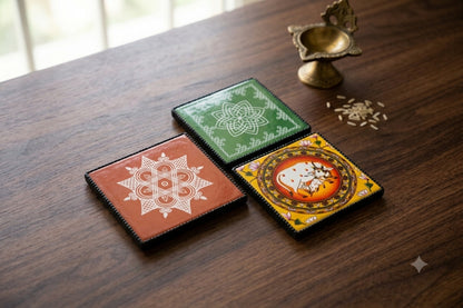 Close-up view of vibrant traditional Kolam print and glossy lacquer coating on wooden manai