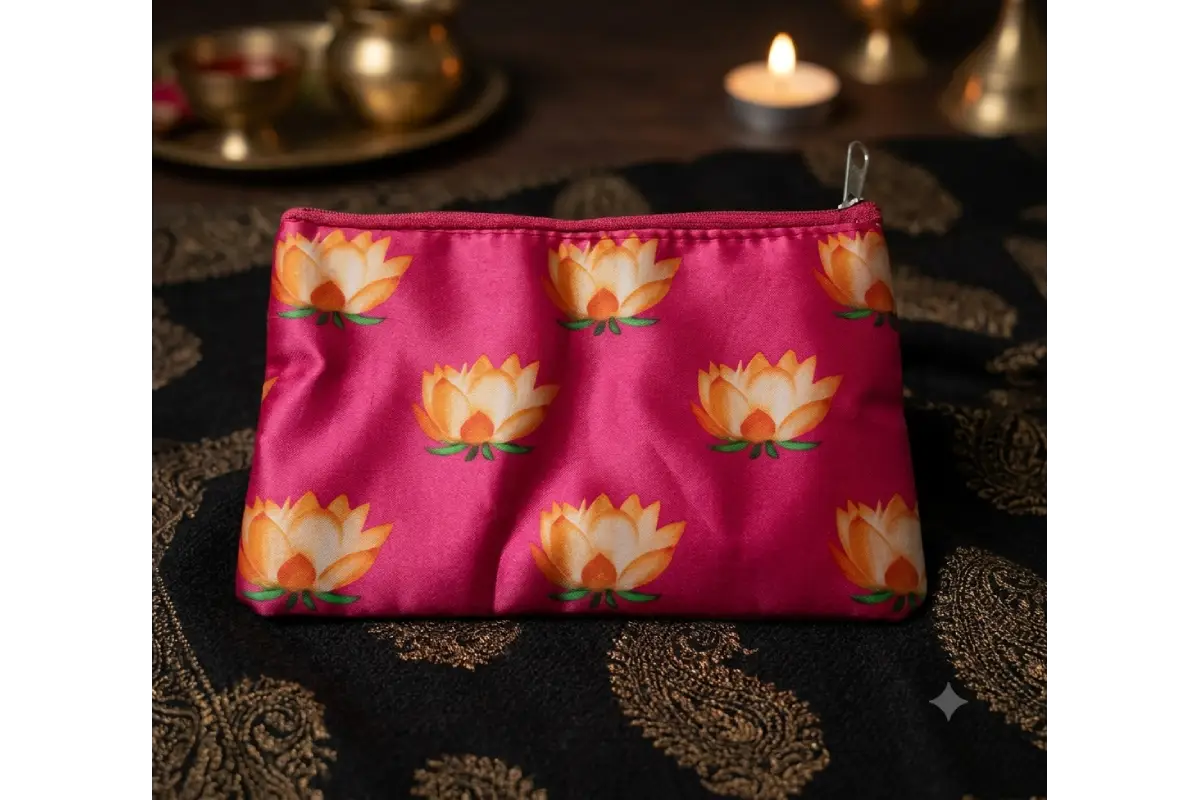 Lotus print zipper purse arranged with Haldi Kumkum and blouse piece for housewarming guests