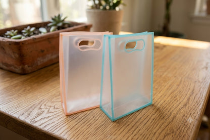 Clear PVC transparent gift bag with handles standing upright for wedding return gifts