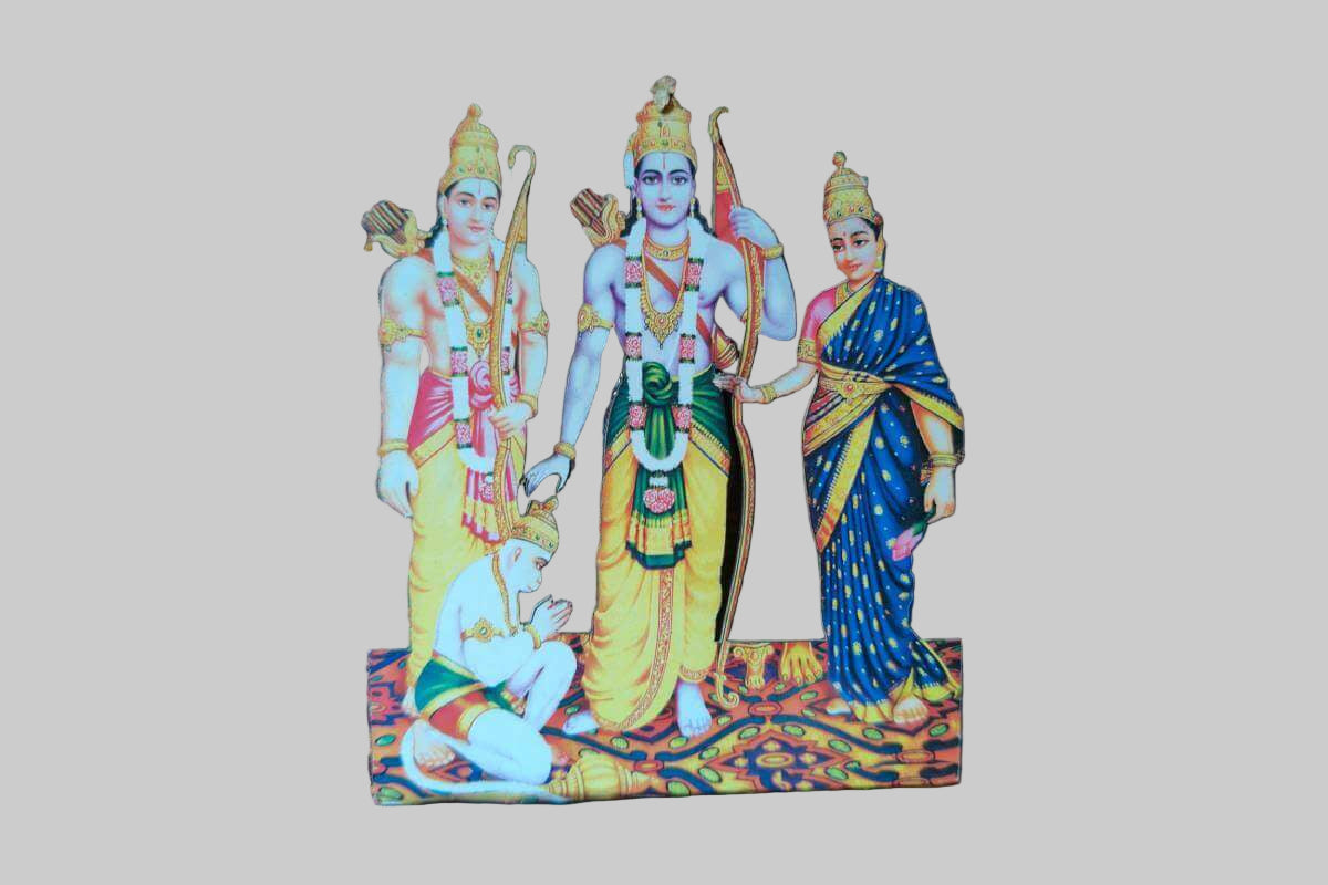 Decorative item with three figures on a textured brown background