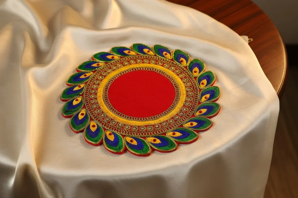 Top view of traditional wooden Rangoli Puja Chowki Asan with colorful painted Kolam designs - Puja Celebrations