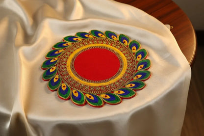 Top view of traditional wooden Rangoli Puja Chowki Asan with colorful painted Kolam designs - Puja Celebrations