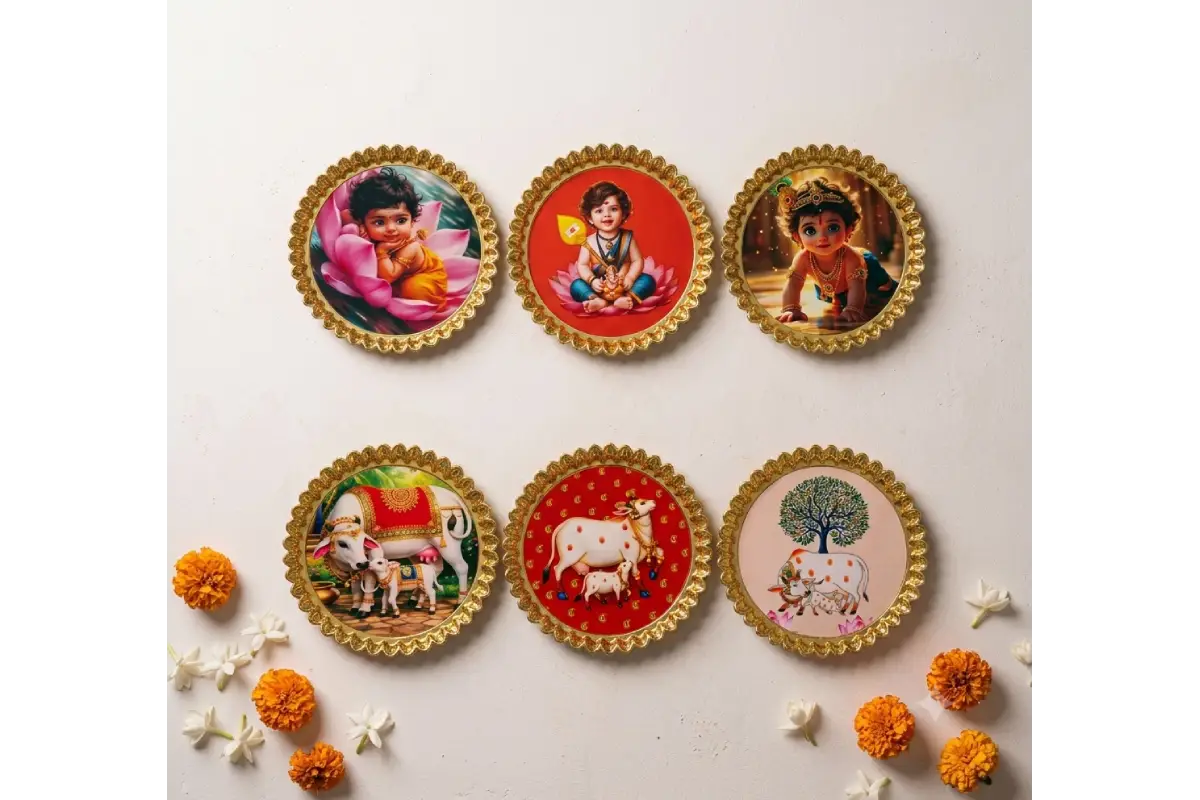 Round fiber plastic plate with floral printed border for thamboolam return gifts by Puja Celebrations