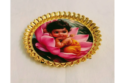Round fiber plastic plate filled with dry fruits and sweets for housewarming return gift guests