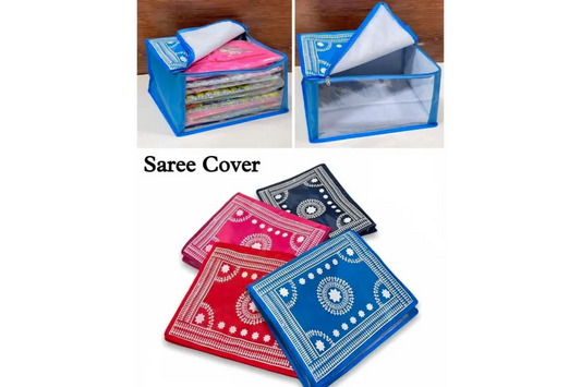 Saree cover with colorful sarees inside on a white background