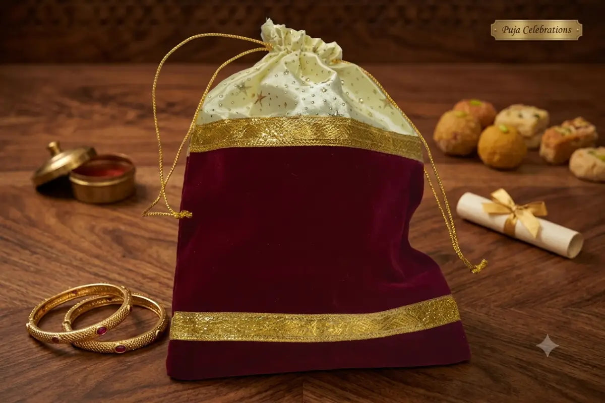 Close-up of a royal red velvet potli bag showing the glossy inner satin lining and gold tassel details - Puja celebrations