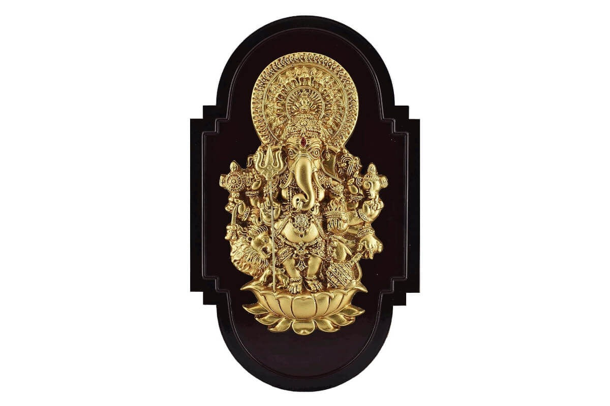 Ganesha for Home Entrance Wall Hanging with Yantra (Brown and Gold, 12" X 7" Inch)