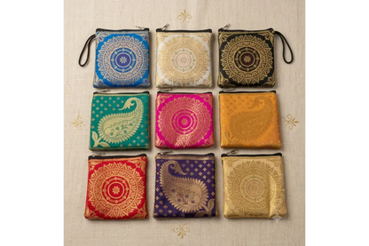 Close-up view of woven gold zari floral design on silk brocade mini coin purse