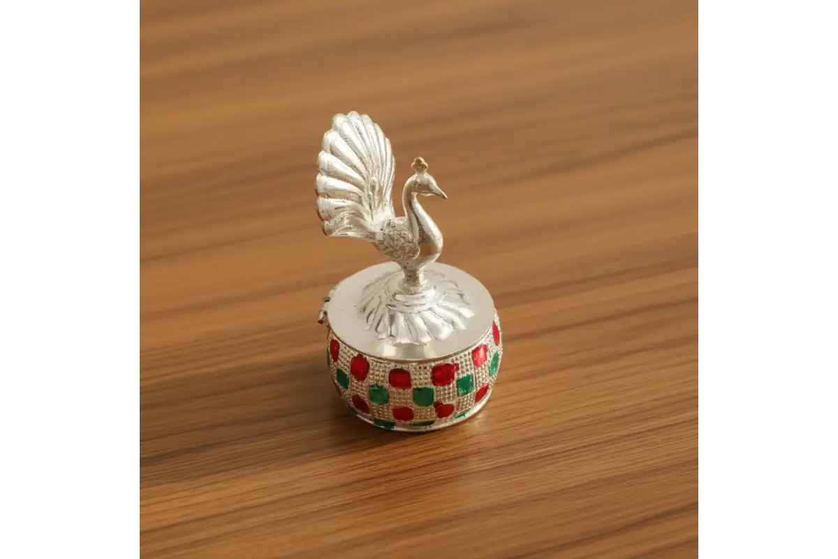 German Silver Sindoor Box - Peacock