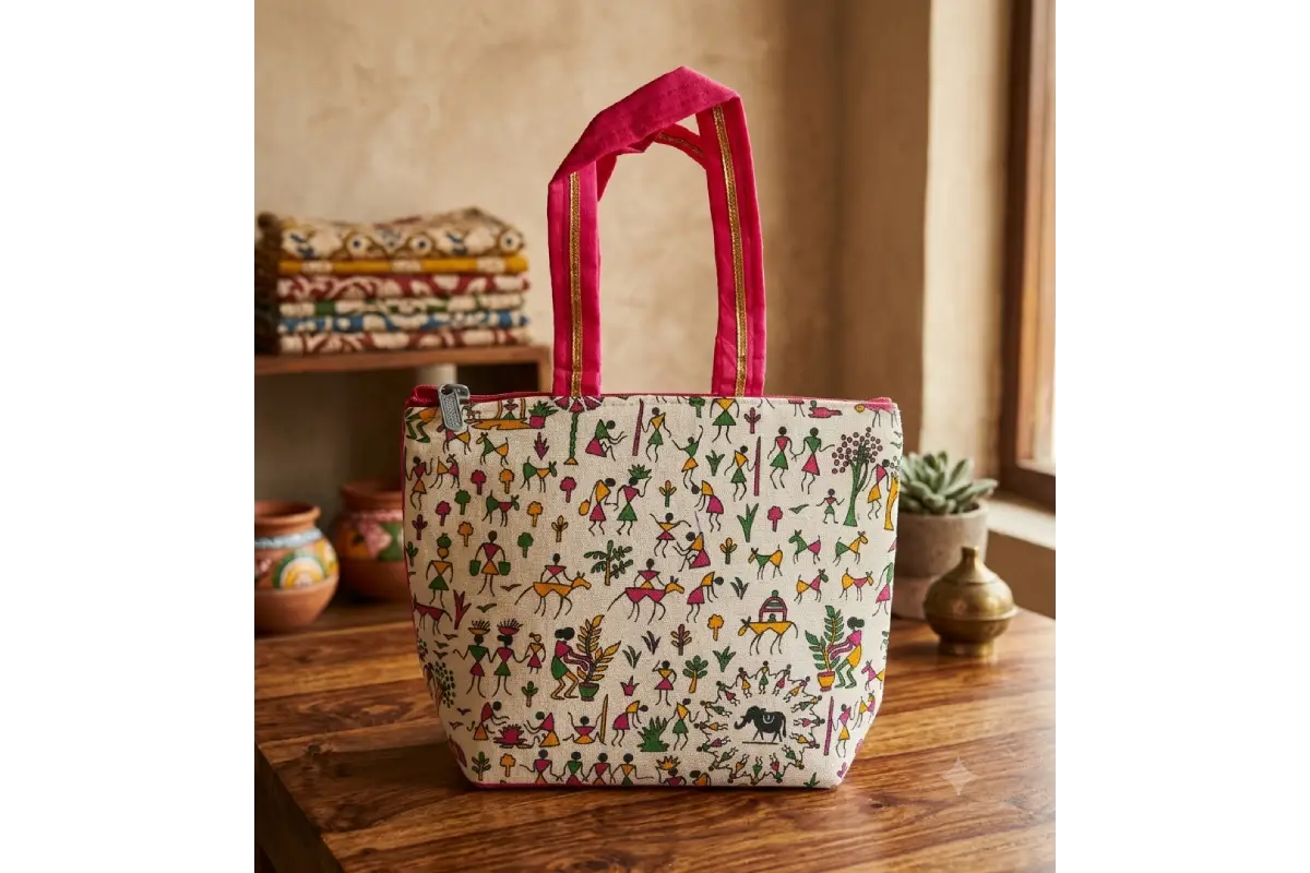 Warli printed handbag with traditional tribal art motifs for return gifts by Puja Celebrations