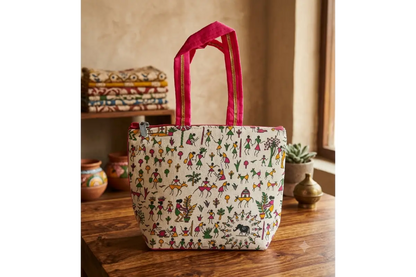Warli printed handbag with traditional tribal art motifs for return gifts by Puja Celebrations
