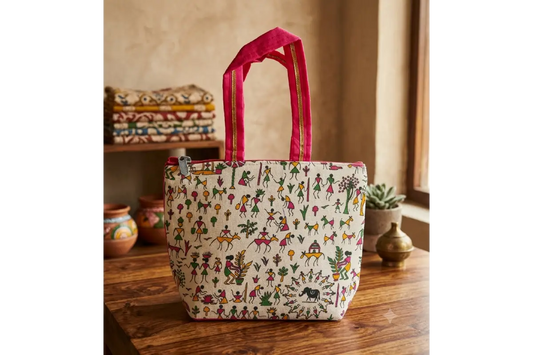 Warli printed handbag with traditional tribal art motifs for return gifts by Puja Celebrations