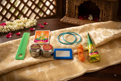 Traditional Thamboolam Sumangali set packed inside a vibrant printed box for guests