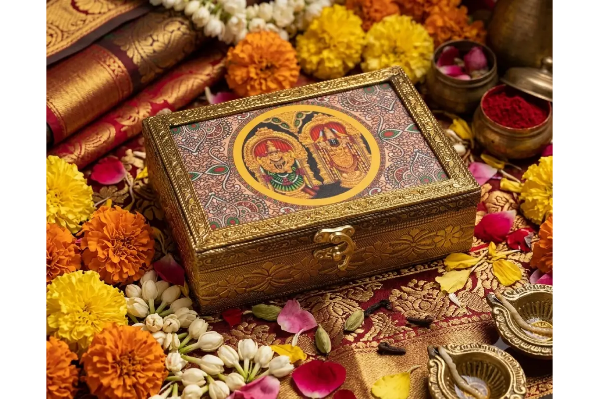 Assorted Tanjore art wooden jewelry box shapes and divine painting motifs by Puja Celebrations